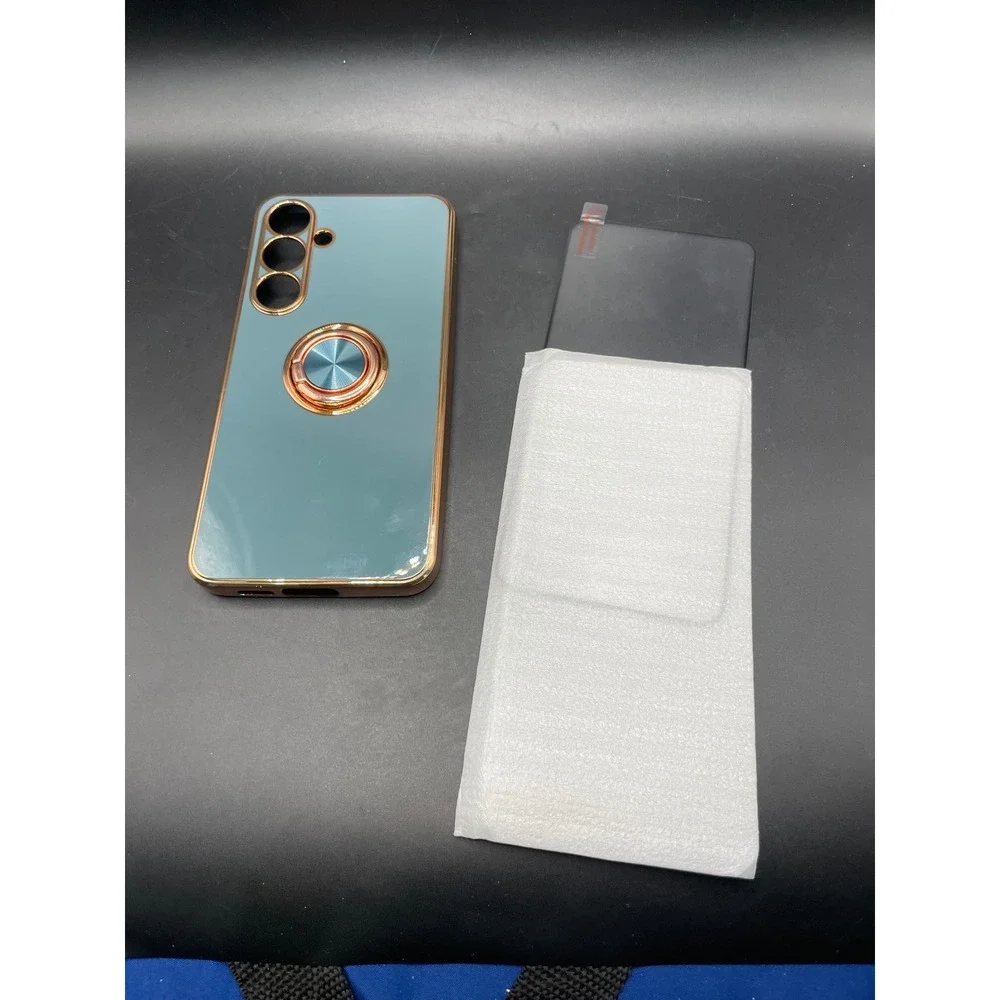 Aitipy Samsung Galaxy S24 Case Blue Rose Gold Ring Stand Glass Screen Protector